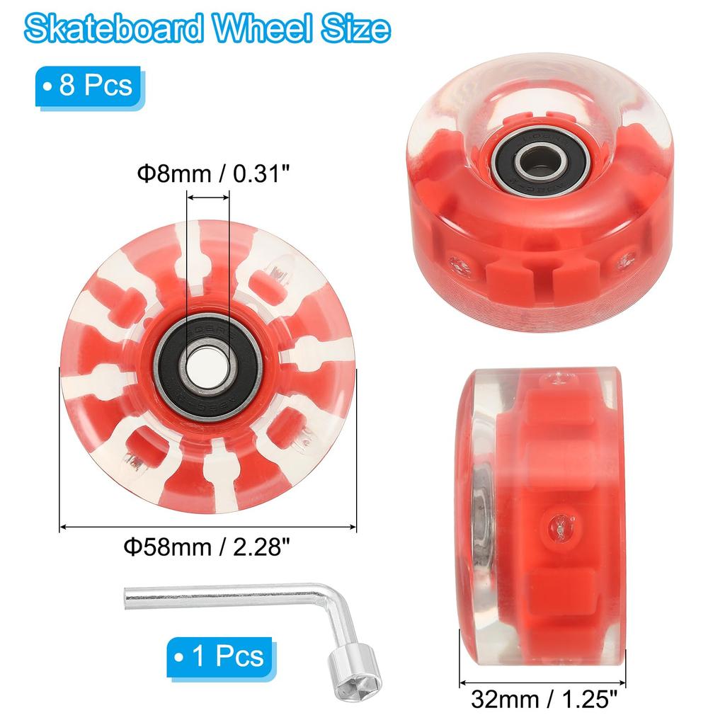 PATIKIL Roller Skate Wheel Set 8pcs 58 Mm 82A Light Up Skateboard Cruiser Wheel Set with Bearing Track Tool Kit for Outdoor Double Row Skating Red