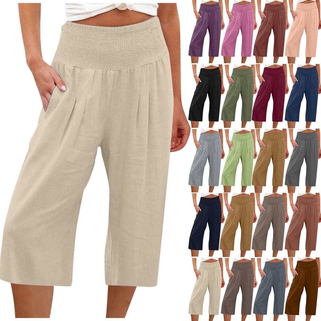 Женские однотонные повседневные эластичные брюки с высокой талией, однотонные семиточечные брюки с карманами