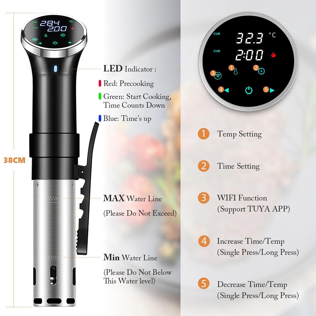 Smart Sous Vide Cooker, Wifi Cook 1100W Precision Cooking Pot,Temp Setting 25-95 °C + Timer, IPX7 Waterproof, Ideal for Preparing Dinners