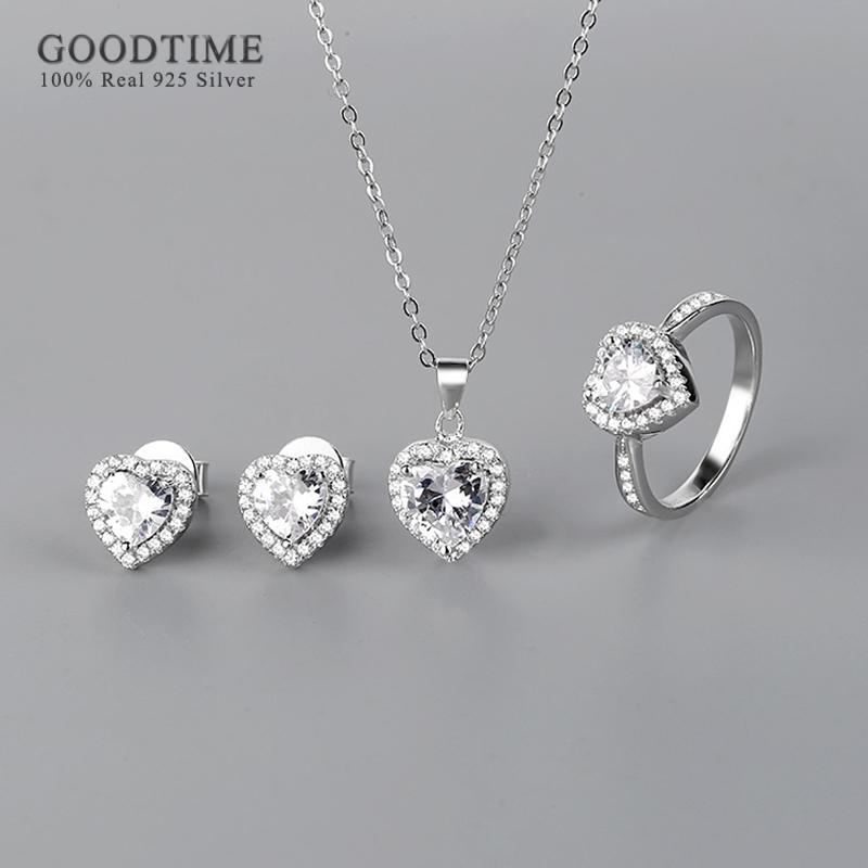 Fashion Women Jewelry Sets For Party Pure 925 Silver Bridal Love Heart Zircon Necklace Earrings Ring Set Accessories
