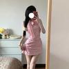 Pure desire style pink off-the-shoulder sleeveless neck plaid dress children's summer new bow French hip-wrapped skirt