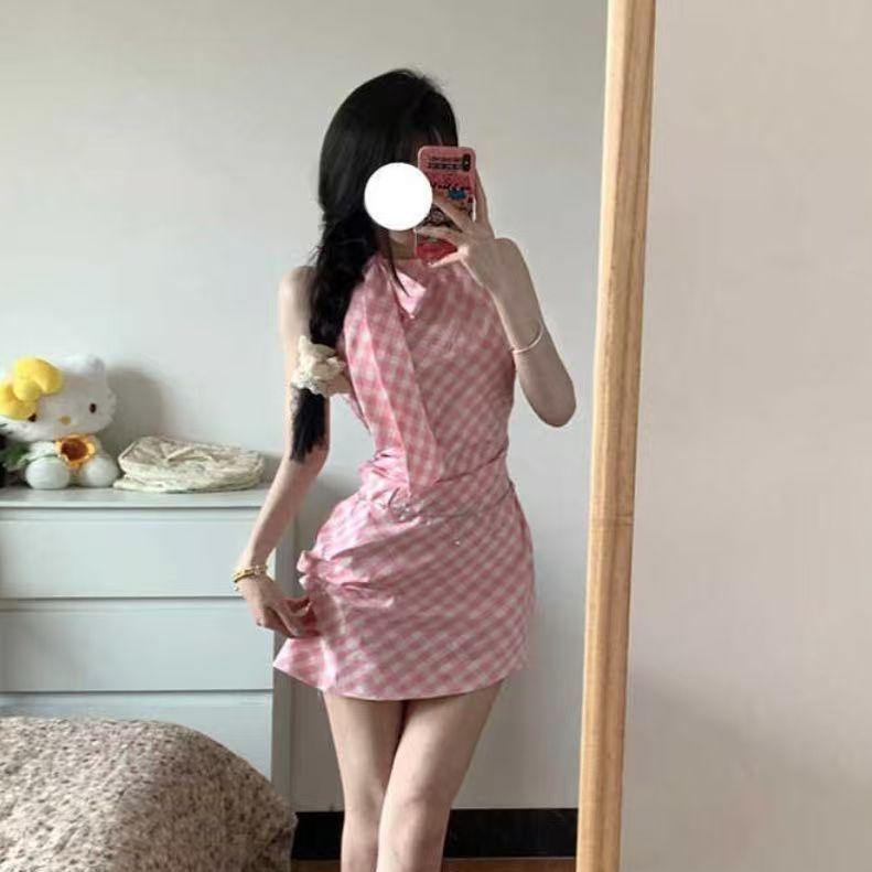 Pure desire style pink off-the-shoulder sleeveless neck plaid dress children's summer new bow French hip-wrapped skirt
