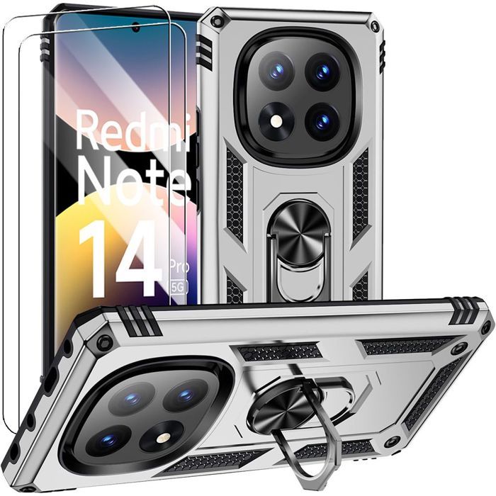 Coque de protection - E.F.CONNECTION - Pour Xiaomi Redmi Note 14 Pro 5G - Antichoc - Argenté - 2 Verres Trempés