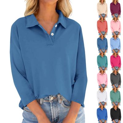 Женские футболки с рукавом 3/4, летние рубашки с V-образным вырезом и пуговицами, повседневные однотонные свободные топы с воротником
