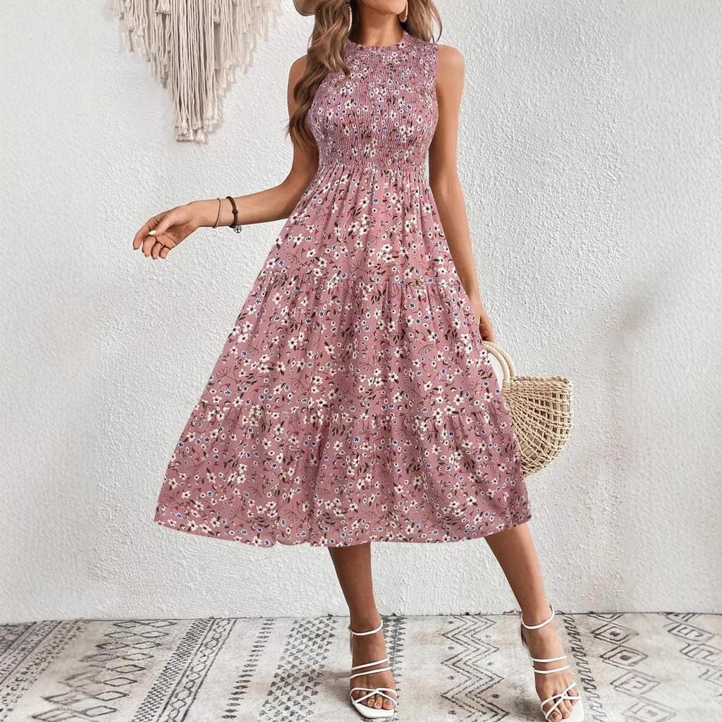 Женское богемное праздничное летнее платье без рукавов со стойкой воротником, с цветочным принтом, цельное