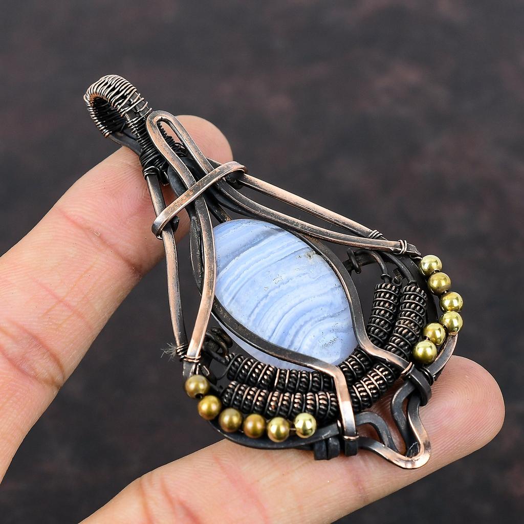 Кулон из голубого кружевного агата, кулон, обернутый медной проволокой, медные украшения, очень красивый кулон с драгоценным камнем, украшения из проволоки, кулон ручной работы для подарка