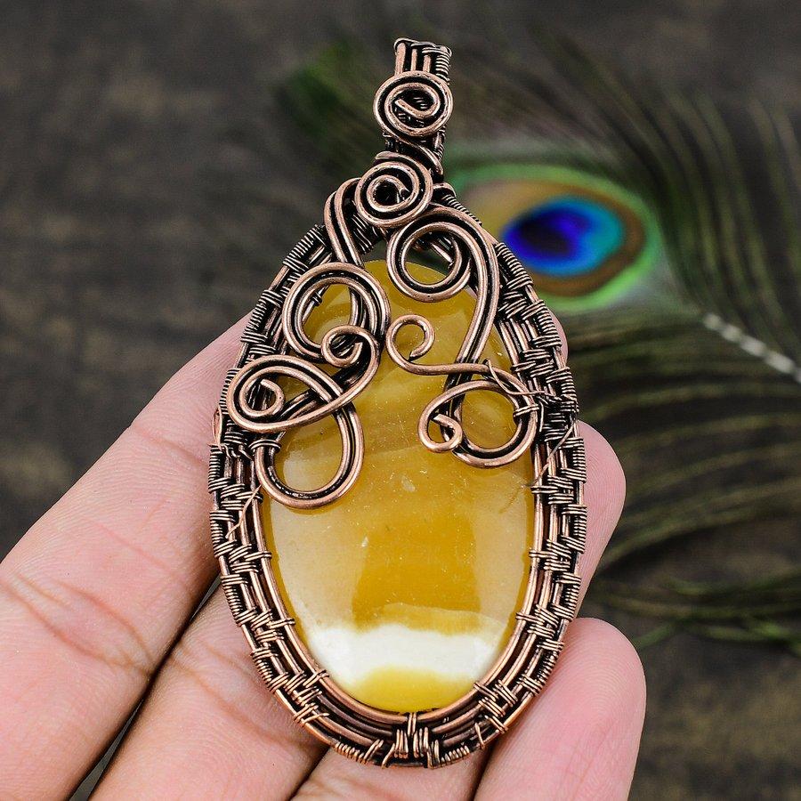 Желтый Флюорит Драгоценный Камень Медная Проволока Оплетка Ювелирная Подвеска 3.27