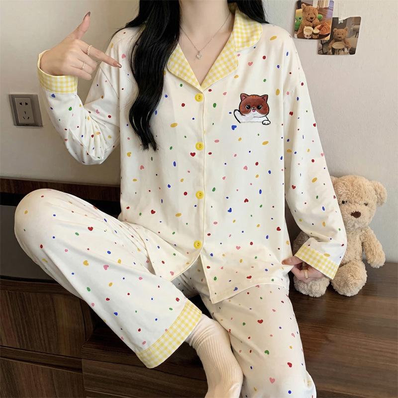 High-value simple striped puppy ins imitation cotton lapel cardigan spring new long-sleeved pajamas women's suit