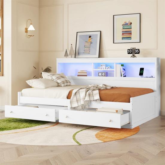 Double Bed High Durability Open Shelves Ambient Light Design Good Load Capacity Built-in Charger Heavy Duty Bedroom Sofa Bed with Drawers for