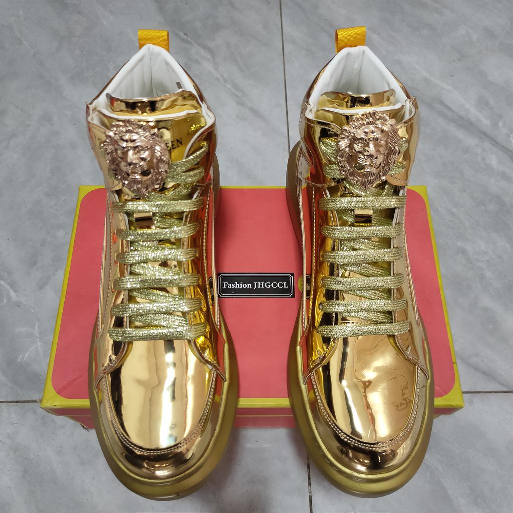 Мода Горячая Мода Блеск Мужские Золотые Туфли Роскошный Бренд Кроссовки Мужские Хип-Хоп Дизайнерские Обувь для Скейтборда Повседневные Кроссовки с Высоким Верхом Мужские