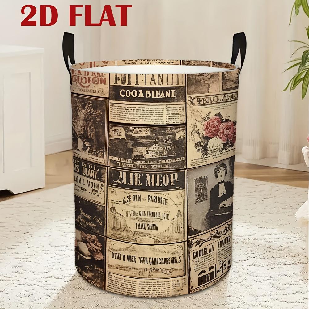 1pc 2D Flat Vintage Newspaper Collage Print Round Handle Storage Basket - Foldable Laundry Hamper, Laundry Basket, Dirty Clothes Basket, Organizer for