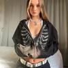 Y2K Rhinestone Skeleton Zip Up Oversized Sweatshirts Summer Goth Hoodies Women Grunge Hooded Jacket Streetwear Retro Clothe