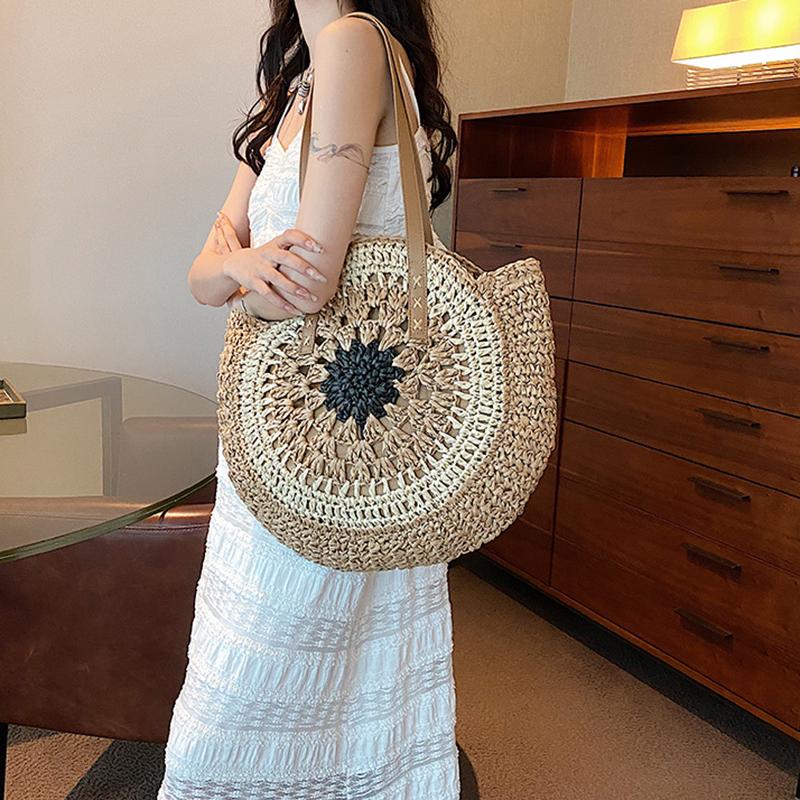Yogodlns Летняя пляжная полая соломенная женская сумка на плечо, винтажная сумка с верхней ручкой, большая вместительная сумка из ротанга