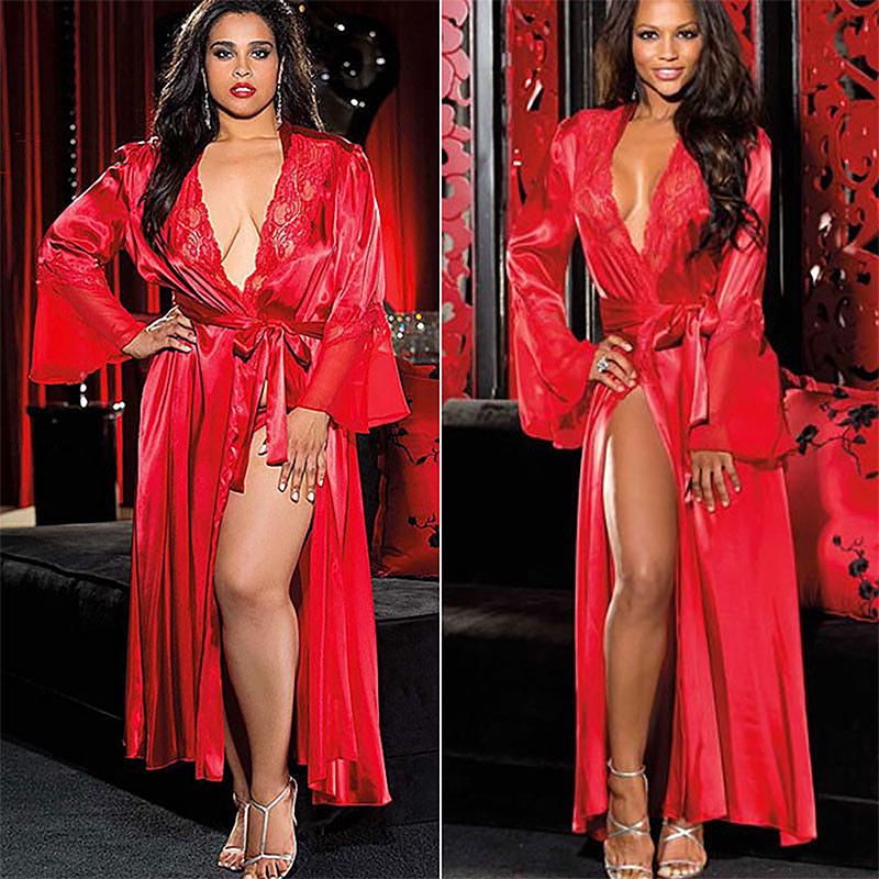 Sexy Lingerie Dress Women Nightdress Satin Silk Sleepwear Robe Lace Gown Nighwear EMA