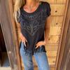 Women T-shirt Round Neck Short Sleeve Tee Shirt with Hot Rhinestones Printing Tassel Hem Solid Color Pullover Tops