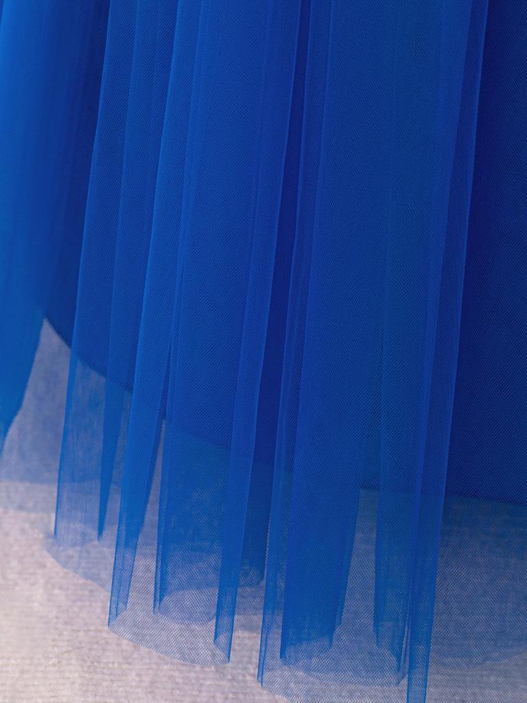 Синее мусульманское вечернее платье с длинными рукавами и пышной юбкой из тюля