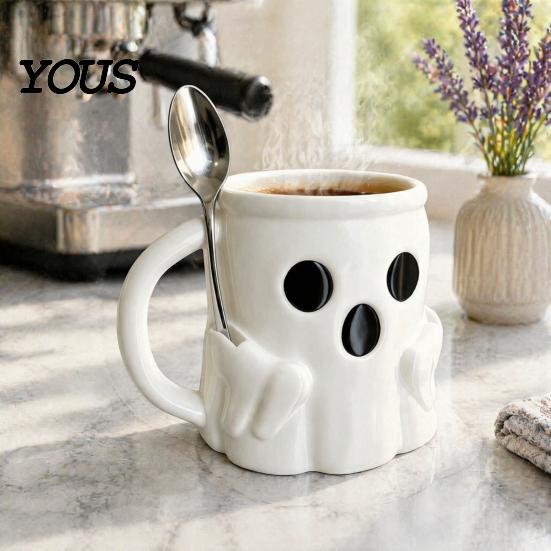 Halloween Party Drinkware Ice Cream Mug with Spoon Holder, 3D Printed Cute Ghost Mug, Shaped Coffee Drinking Cup Pen Holder Decor, Christmas Birthday