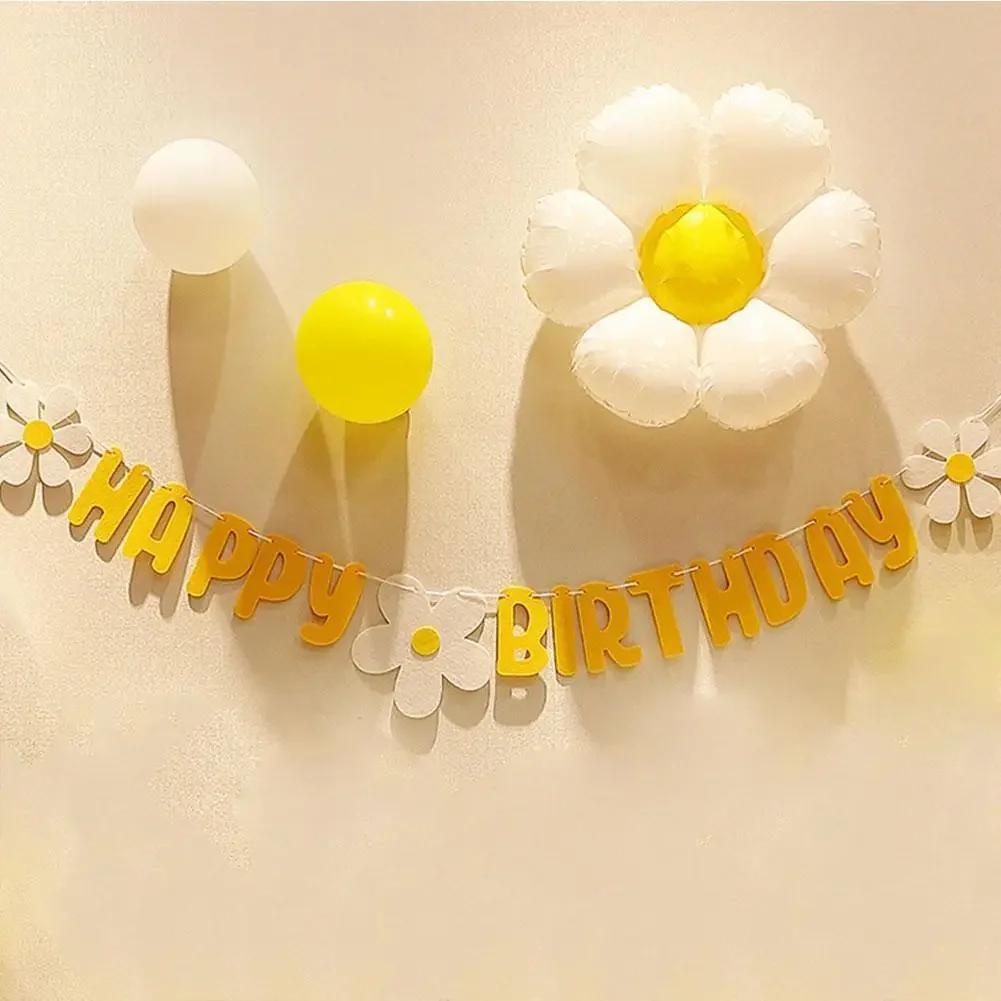 New Baby Shower Daisy Happy Birthday Banner White Flower Birthday Sign Garland Decoration Happy Daisy Flag Yellow Flower Party