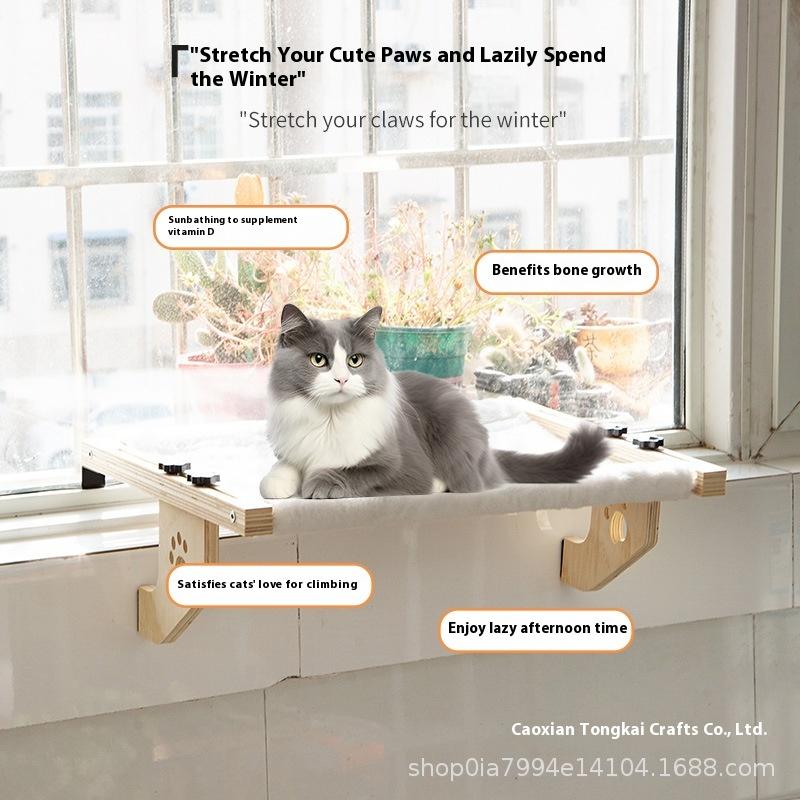 Wooden Cat Hammock Hanging Nest Hanging Bed On the Window Hanging Balcony Hanging Cat Nest by the Bed Basking In the Sun Plush Pet Bed