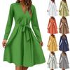 Women's Fashion Casual V-Neck Long Sleeve Waist Solid Color Midi Dress