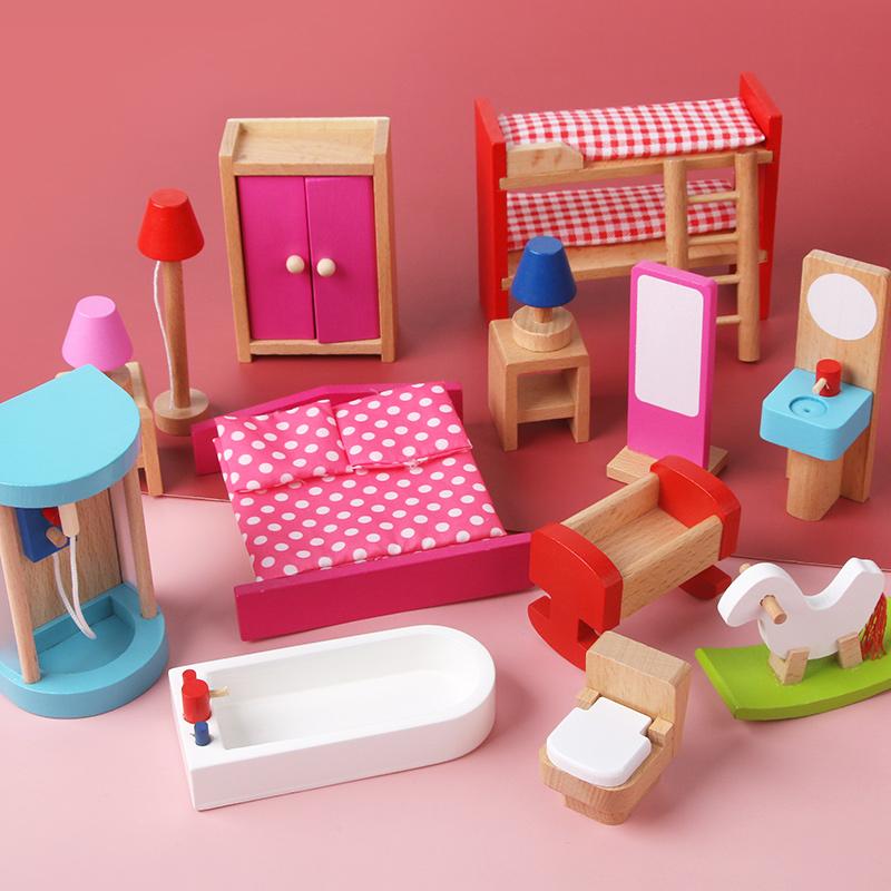Деревянные Мини Наборы Мебели Детские Игрушки для Дома - Спальня, Гостиная, Кухня, Аксессуары для Ванной Комнаты Подарки для Мальчиков и Девочек