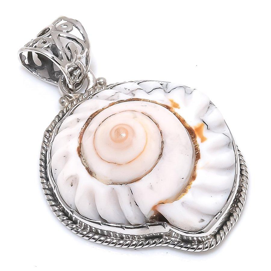 Natural Sea Shell Gemstone Handmade 925 Solid Sterling Silver Pendant 1.75" w2V81