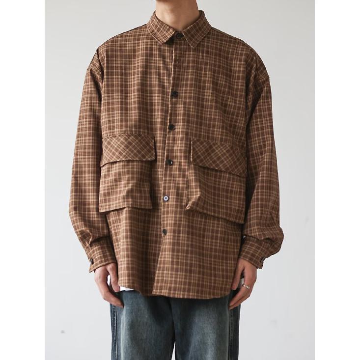 Рубашка в японском стиле в стиле ретро с большим карманом, с длинными рукавами, для мужчин и женщин, винтажная, с несколькими карманами, контрастного цвета, для пары, рубашка, пальто