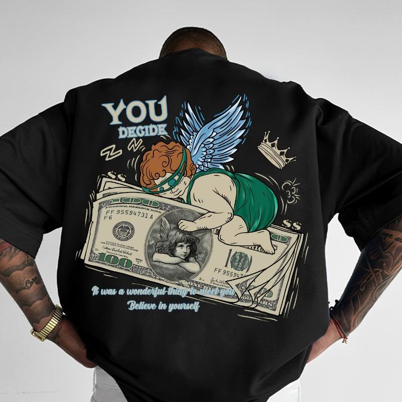 Men's Casual T-shirt with Money Angel Print Retro Punk Men's and Women's T-shirt Summer New Style