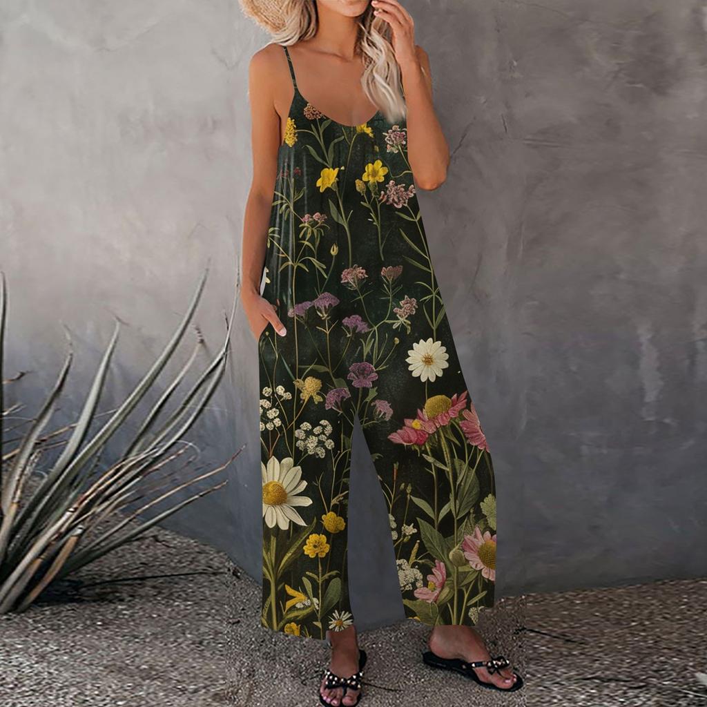 Женский комбинезон с цветочным принтом, повседневный свободный комбинезон с регулируемыми подтяжками