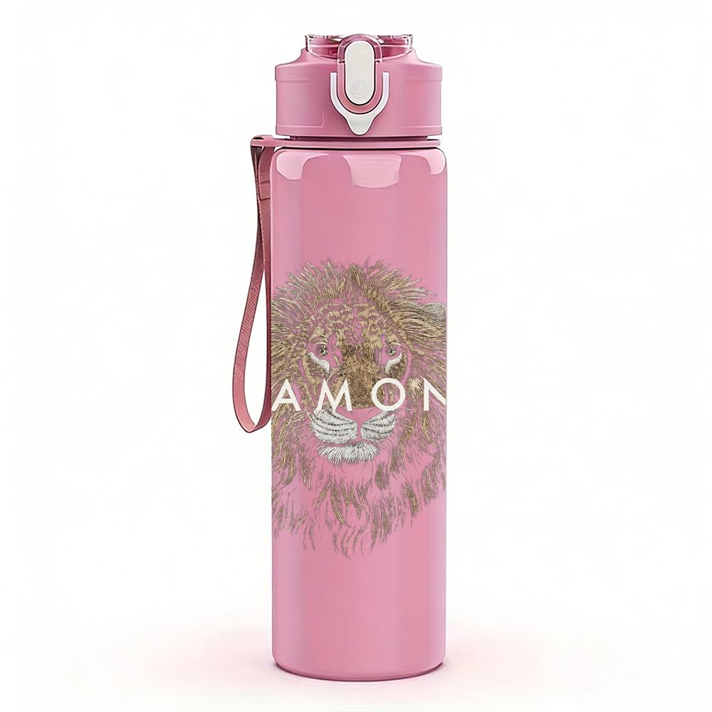 1PC Lion head golden monochrome print 750ml colorful plastic sports water bottle leakproof pop up lid with straw for outdoor work home use