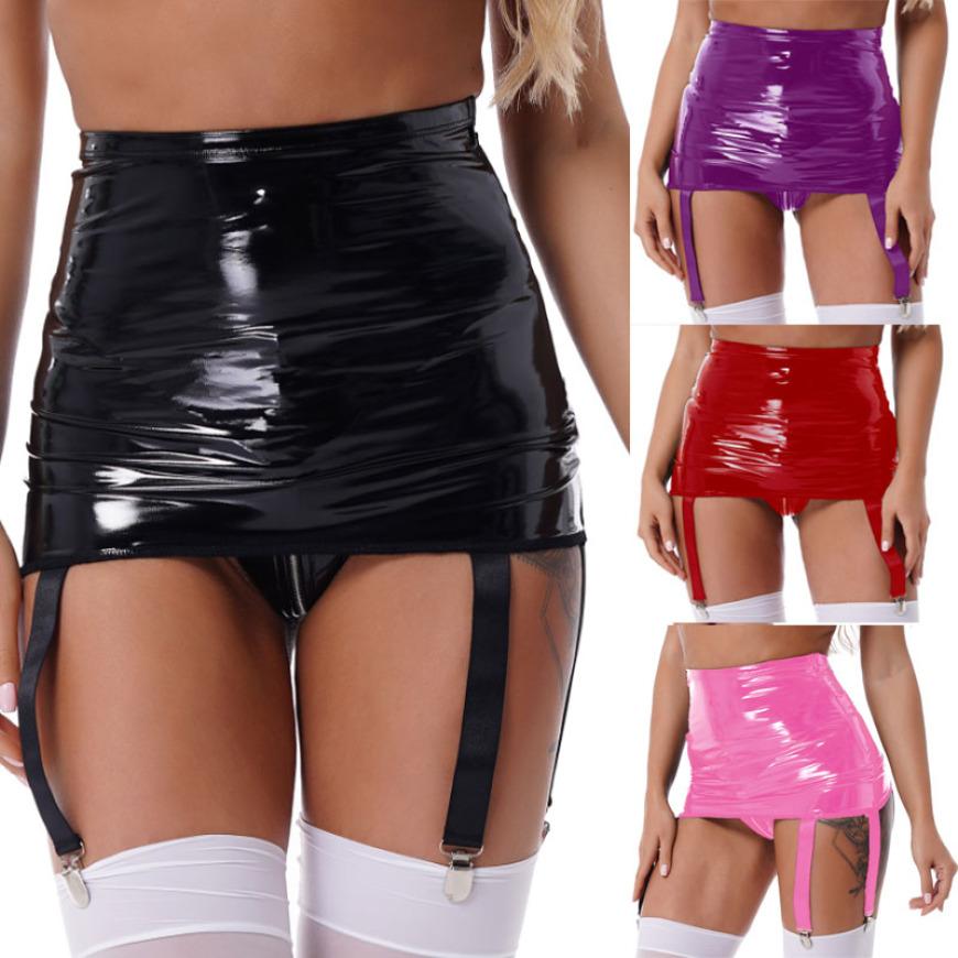 Womens Wet Look Patent Leather Garter Belt Skirt High Waist Suspenders with Metal Buckle Clips Plus Size