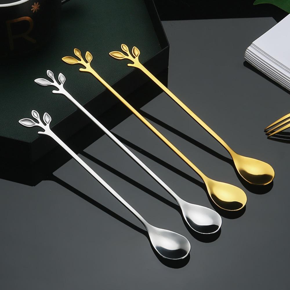 Stainless Steel Water Cup Stirring Spoons Leaf Shape Dessert Spoon Fork Fruit Scraping Spoon Fork