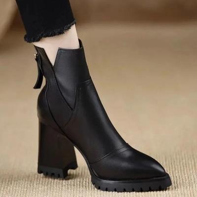 Женская обувь Платформа Острый носок Ботильоны на молнии Ботинки на высоком каблуке Каблук-блок Новый Коричневый