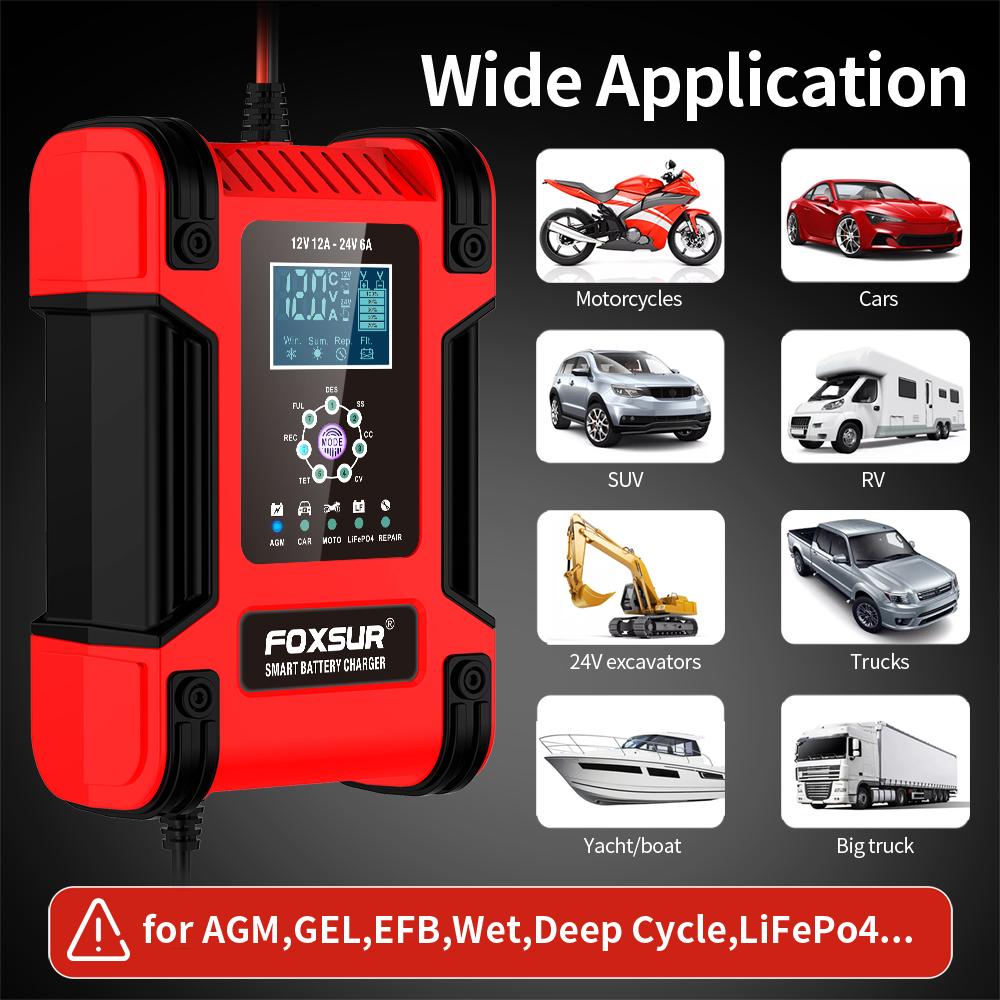 12 В 24 В автомобильное зарядное устройство для литиевых AGM гелевых свинцово-кислотных аккумуляторов 7-ступенчатый автоматический ремонт ЖК-адаптер питания
