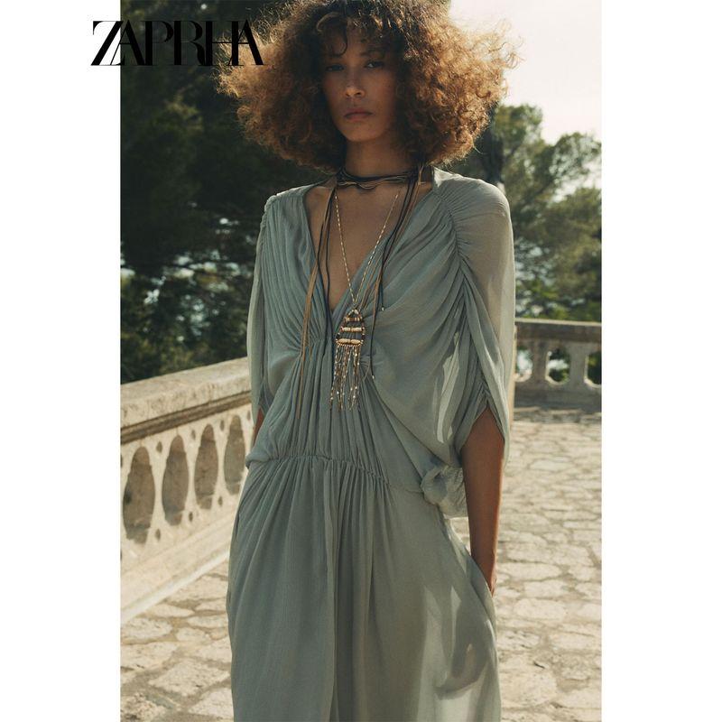 Zaprha 2025 Autumn New Fashion V-neck Pleat Dress Long Waist Hugging Slimming Temperament 2954285