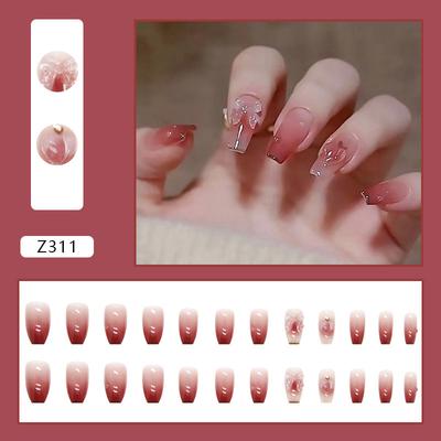 Градиентный патч-стик для ношения накладных ногтей с полным покрытием Love Peach Bow See Photochromic Stereo Wear Nail Fake Nail Fashion
