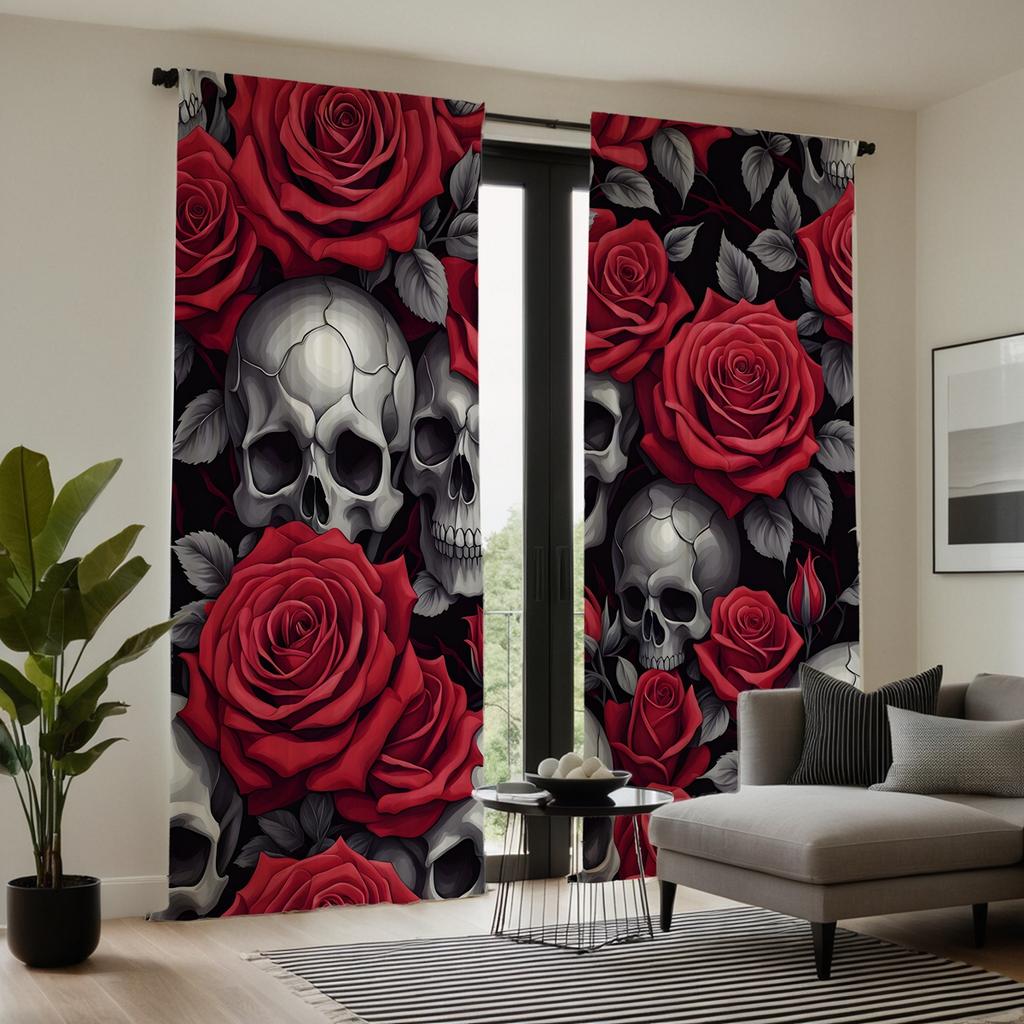 2 шт. HD Череп Роза занавеска Красный галстук цифровой печатный занавес украшение дома стиль Украсьте гостиную спальню Носите штангу занавески
