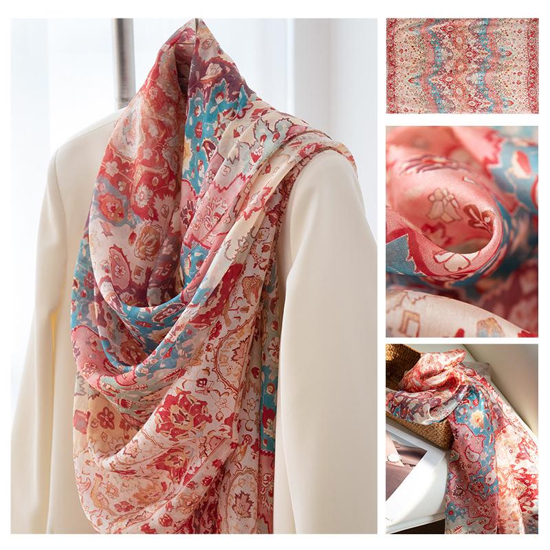 Длинные полосы шелкового шарфа  Высококлассный шарф из тутового шелка  Женский свежий маленький цветочный тонкий стиль  Атмосфера  Большая шаль