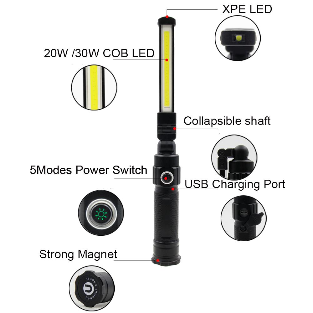 COB XPE светодиодный аварийный фонарик для кемпинга 18650 USB гаражный рабочий фонарь складной магнитный инспекционный фонарь на 360° красный стробоскоп SOS