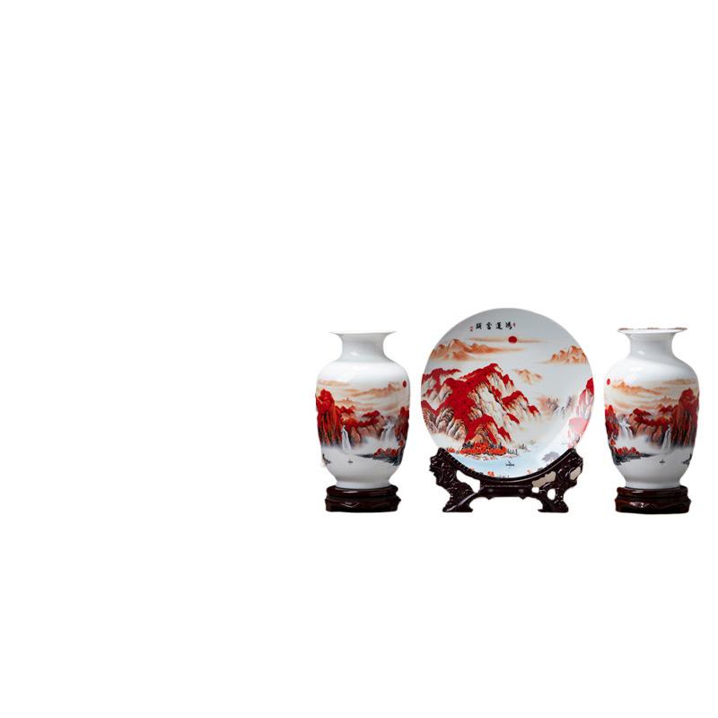 Good Fortune Jingdezhen Ceramic Vase Set: 3-Piece Décor for Living Room, Curio Shelf, or TV Cabinet