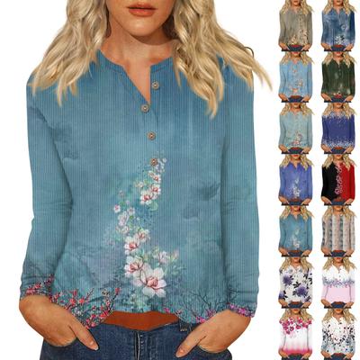 Жен. Футболка Футболка С принтом Пуговицы Длинный рукав Повседневные Выходные Мода Классический V-образный вырез Обычный Верх