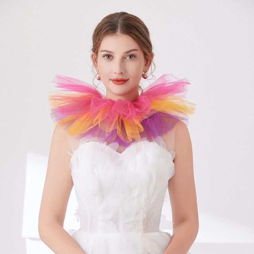 Perfect Match Colored Tulle Ruffled False Collar For Women Three-Layer Fake Collar For Halloween Costume Clown Neck Detachable Collar Shawl