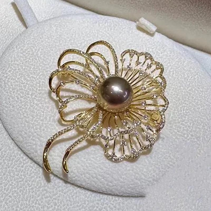 French High-End Gold-Plated Floral Brooch: DIY Zircon Pin with Pearl Corsage Setting