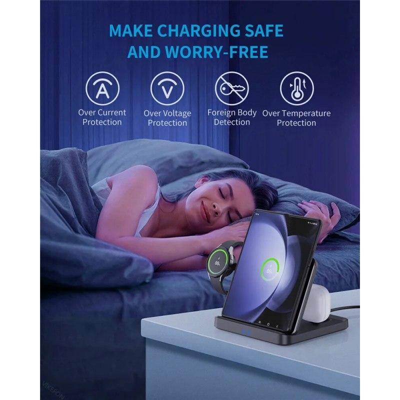 3 In 1 Wireless Charger Stand Foldable Fast Charging Station for Samsung Galaxy S23 S22 21 Flip 5 4 Z Fold Watch 5 4 Active Buds