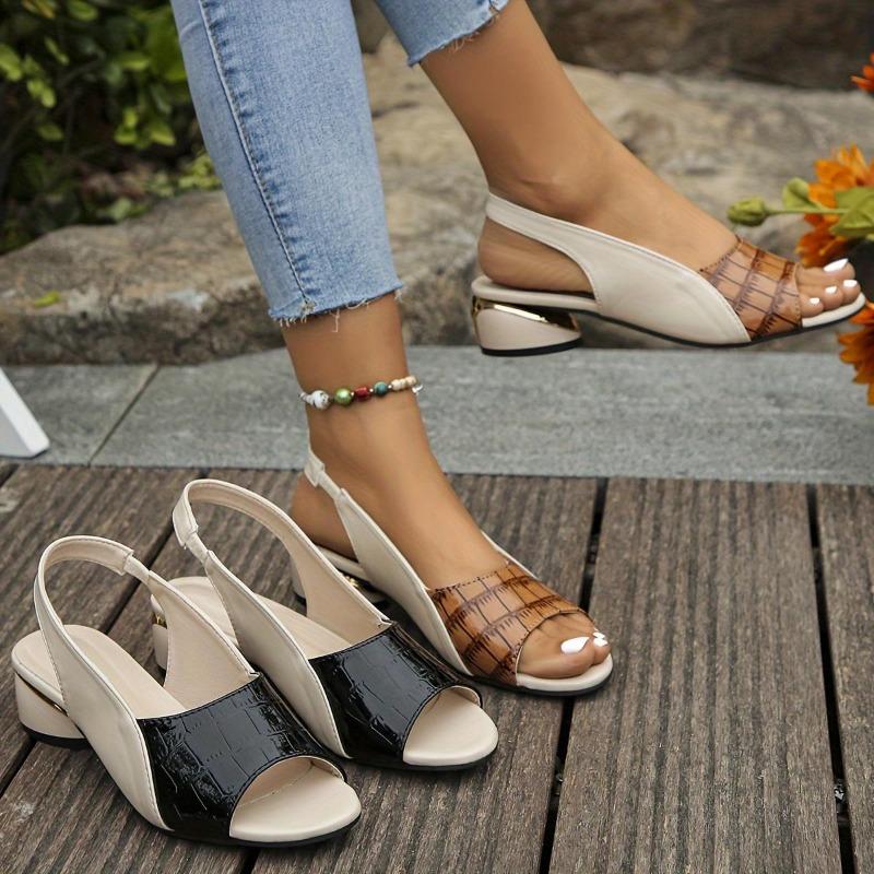 Ladies' Contrasting Color Elegant Sandals, Ankle Cushioned Plaid Comfortable Thick Heel Shoes, Casual Open Toe Shoes