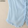 VONDA Летние женские повседневные футболки с V-образным вырезом, коротким рукавом и оборкой по низу, облегающие топы