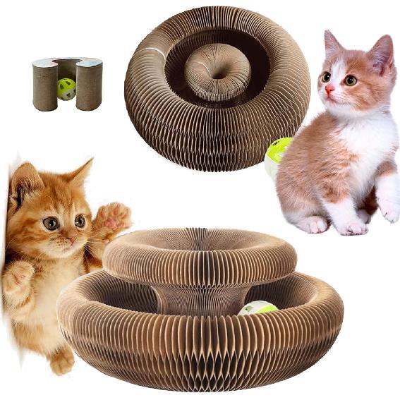 Magic Organ Cat Scratcher Pad with Bell-Ball, Cat Cardboard Lounge Bed, Kitty Kurlz Cat Toy, Cat Accordion Cordain, Foldable Interactive Cat Butler