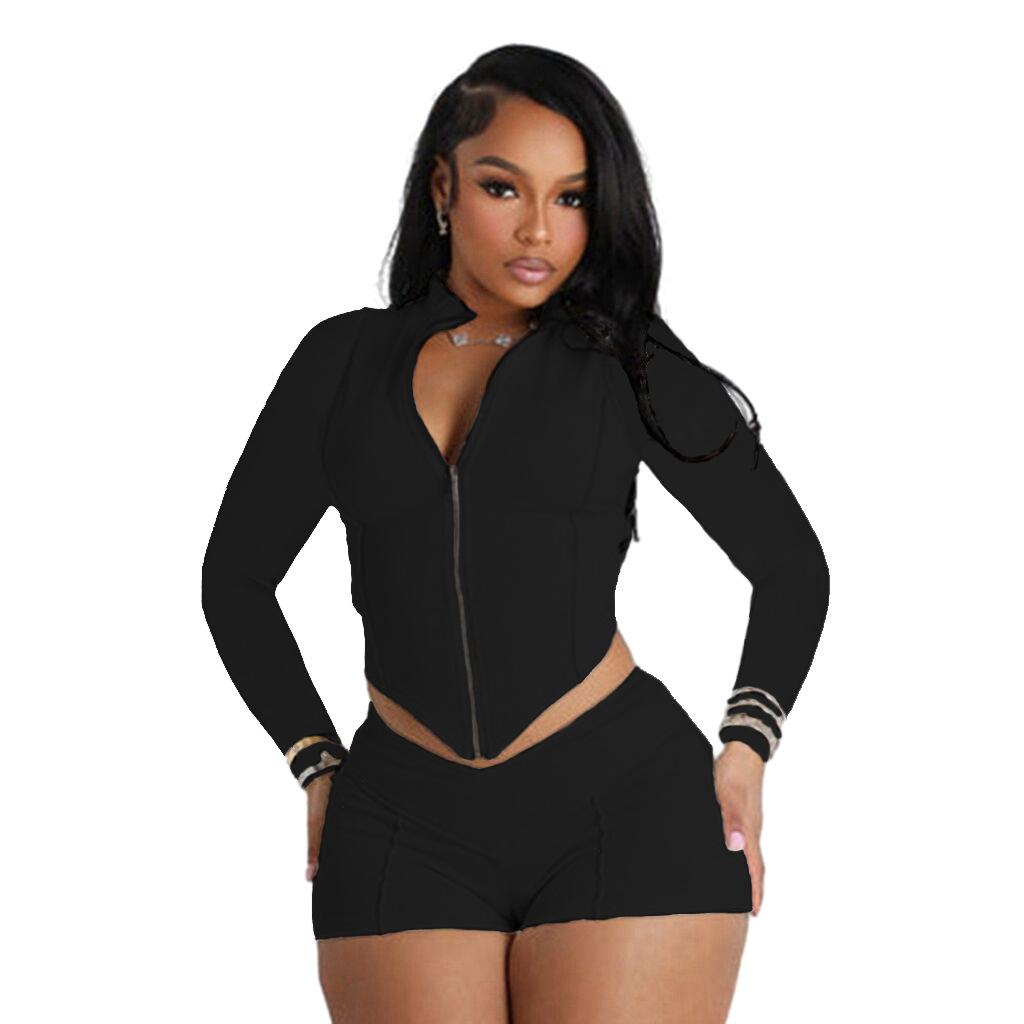 D9111 European and American hot-selling women's clothing, sexy lapel long-sleeved shorts set (with zipper at the back of the pants)