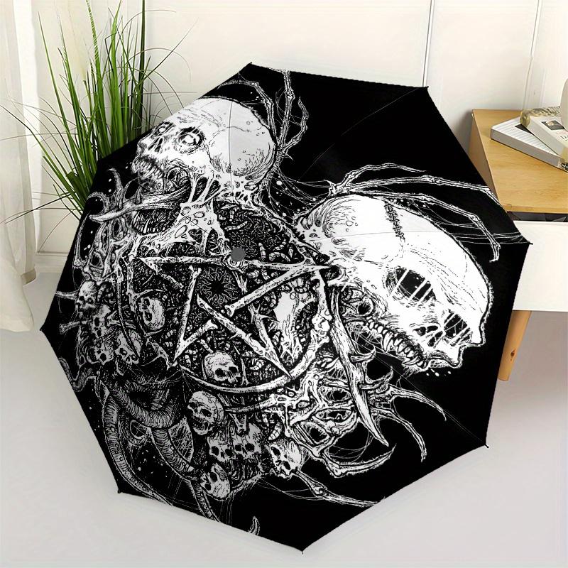 "Dark Gothic Skulls & Pentagram Button Pin" Umbrella, Cute Umbrella with Cute Design, Portable 3-Fold Compact Umbrella for Men & Women, Valentine's Da