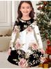Girls' Autumn and Winter Fashion Dress, 3D Flower Print Round Neck Long Children's T-shirt Dress, Casual Versatile, Christmas Clothing